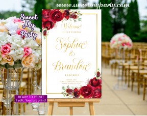 Red roses Wedding Welcome Sign,Gold Wedding Welcome sign,(16w)